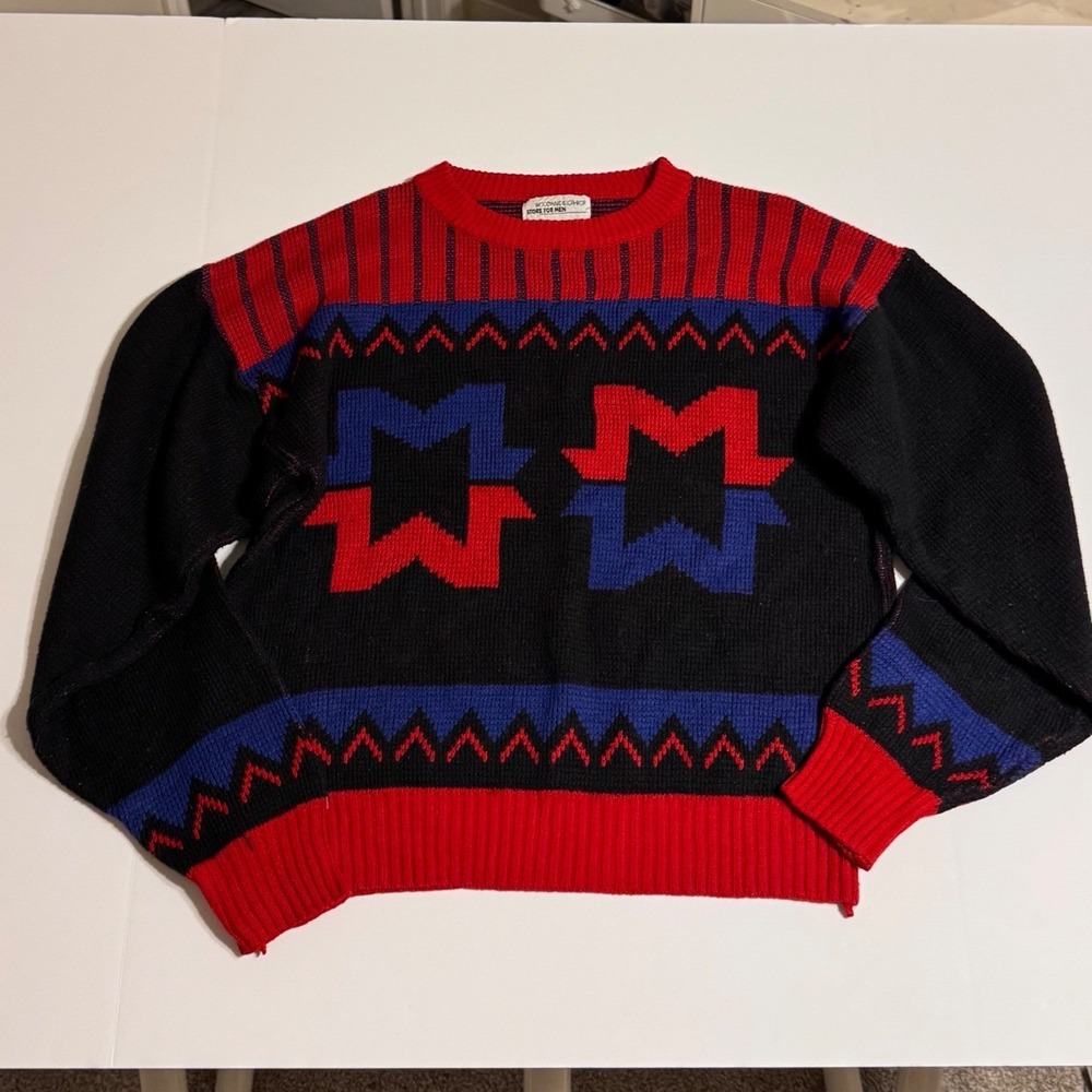 Vintage Woodward & Lothrop Mens Knit Sweater Geometric Intarsia Red Blue Black L